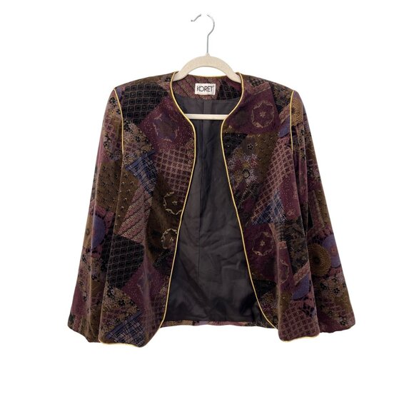 Vintage 80s Koret Velvet Patchwork Blazer Size Medium Jacket Open Front - Picture 1 of 6